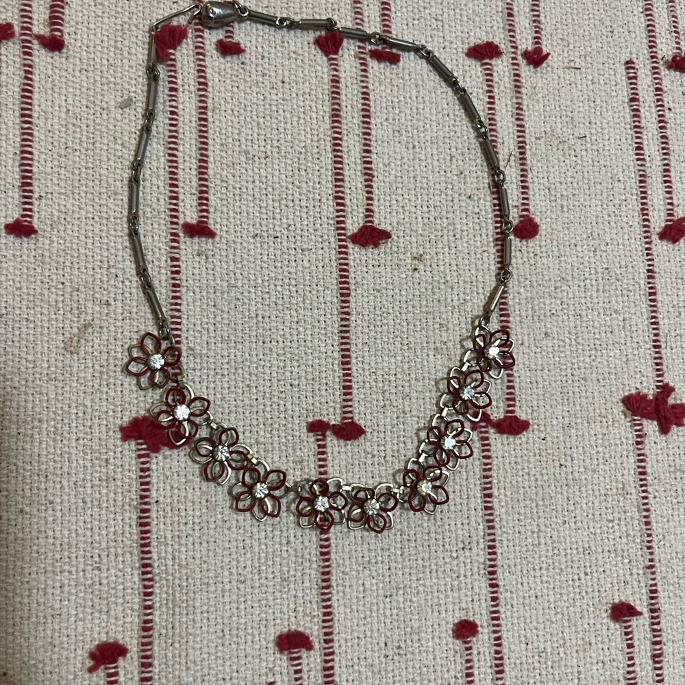 Vintage Gold Tone Necklace with Red Flowers & Rhinestone Center